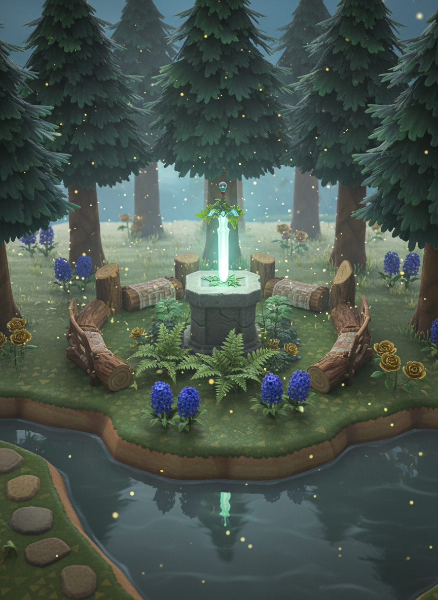 A tranquil forest clearing on an ACNH-style island, where a circular campsite is laid out as a nod to Hyrule. In the center, a stone pedestal holds a glowing, leaf-wrapped sword replica, surrounded by lush ferns, blue hyacinths, and golden roses. Fireflies float in the cool twilight air, their tiny lights reflected in a nearby pond bordered by flat stepping stones. Soft, diffused moonlight filters through towering pine silhouettes, creating dappled highlights on the pedestal and gentle shadows along the grass. Shot in photographic realism from a low-angle perspective, the scene feels magical, serene, and whimsically heroic.